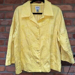 Chico's Jacket ~ Yellow 100% Cotton Embroidered 3/4 Sleeve Pockets ~ 3